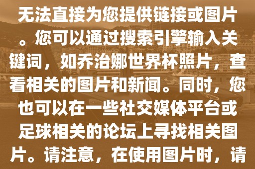 关于乔治娜的世界杯照片，我无法直接为您提供链接或图片。您可以通过搜索引擎输入关键词，如乔治娜世界杯照片，查看相关的图片和新闻。同时，您也可以在一些社交媒体平台或足球相关的论坛上寻找相关图片。请注意，在使用图片时，请遵守版权法规。