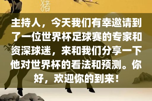主持人，今天我们有幸邀请到了一位世界杯足球赛的专家和资深球迷，来和我们分享一下他对世界杯的看法和预测。你好，欢迎你的到来！