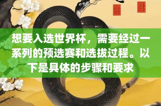 想要入选世界杯，需要经过一系列的预选赛和选拔过程。以下是具体的步骤和要求