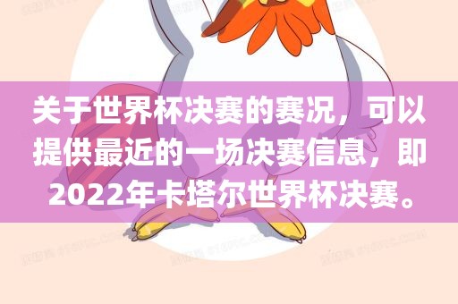 关于世界杯决赛的赛况，可以提供最近的一场决赛信息，即2022年卡塔尔世界杯决赛。